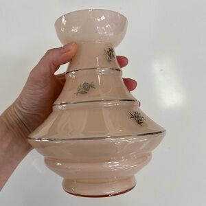Vtg Czechoslovakia pink glass vase with silver rose adornments.